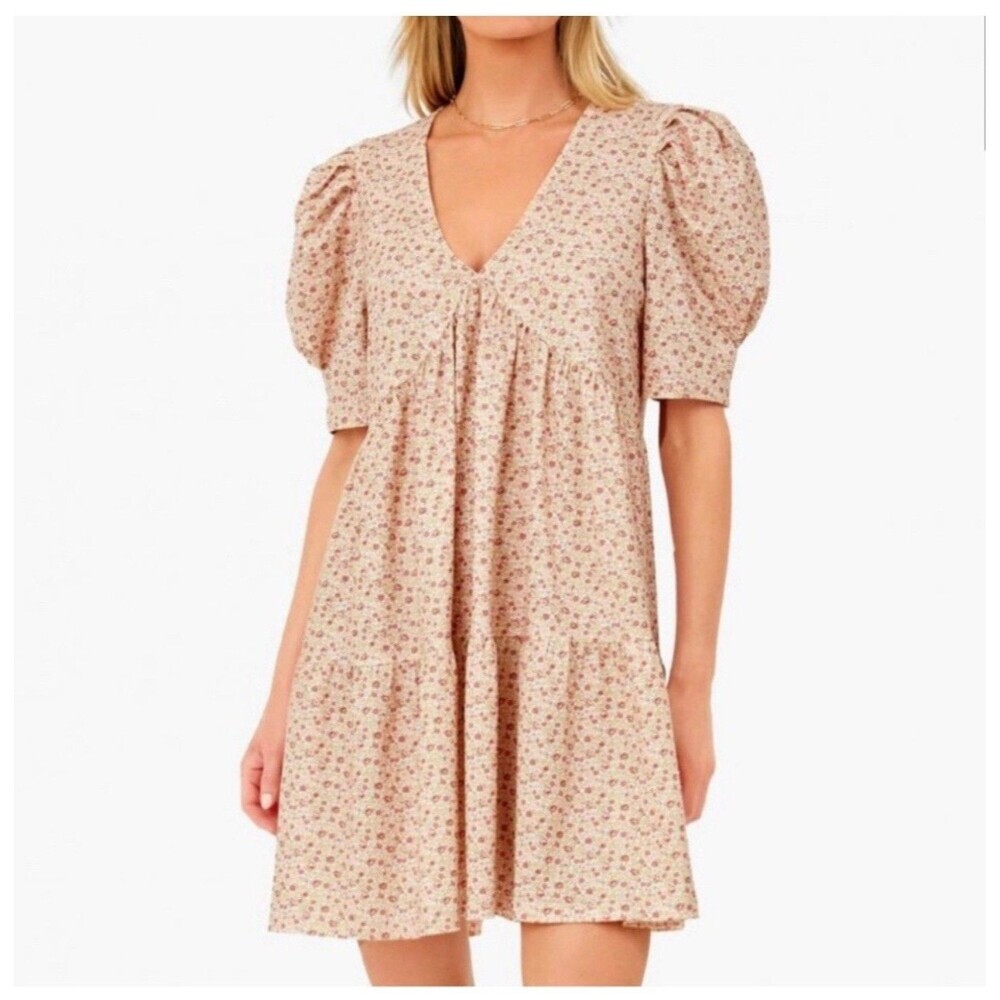 HYACINTH HOUSE Floral Puff Sleeve Follie‎ Mini Dress Large NEW Tuckernuck Flower